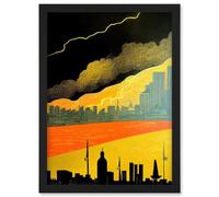 Artery8 Modern Black Yellow Orange Linocut London Skyline Cityscape Storm Lightning Artwork Framed Wall Art Print A4 Artery8 Black