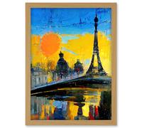 Artery8 Modern Bright Abstract Paris At Sunrise Cityscape Eiffel Tower Artwork Framed Wall Art Print A4 in Light Oak Artery8 Light Oak