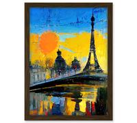 Artery8 Modern Bright Abstract Paris At Sunrise Cityscape Eiffel Tower Artwork Framed Wall Art Print A4 in Brown Artery8 Brown