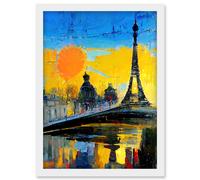 Artery8 Modern Bright Abstract Paris At Sunrise Cityscape Eiffel Tower Artwork Framed Wall Art Print A4 in White Artery8 White