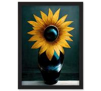 Artery8 Modern Bright Single Yellow Black Sunflower In Vase Artwork Framed Wall Art Print A4 Artery8 Black