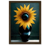 Artery8 Modern Bright Single Yellow Black Sunflower In Vase Artwork Framed Wall Art Print A4 in Brown Artery8 Brown
