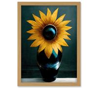 Artery8 Modern Bright Single Yellow Black Sunflower In Vase Artwork Framed Wall Art Print A4 in Light Oak Artery8 Light Oak