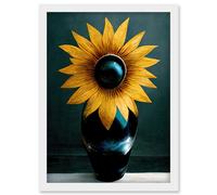 Artery8 Modern Bright Single Yellow Black Sunflower In Vase Artwork Framed Wall Art Print A4 in White Artery8 White