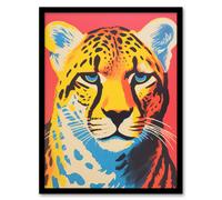 Artery8 Modern Cheetah Duotone Coral Yellow Orange Bright Risograph Artwork Painting Artwork Framed Wall Art Print A4