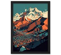 Artery8 Modern City Surrounded by Tall Mountains Landscape Artwork Framed A3 Wall Art Print