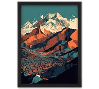 Artery8 Modern City Surrounded by Tall Mountains Landscape Artwork Framed Wall Art Print A4