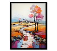 Artery8 Modern Colourful Country Landscape Oil Painting Cottage Beside Stream Artwork Framed Wall Art Print A4