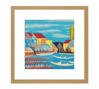 Artery8 Modern Contemporary Abstract Folk Art Fishing Harbour Village Collage Square Wooden Framed Wall Art Print Picture 8X8 Inch in Light Oak Artery8 Light Oak
