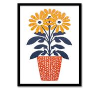 Artery8 Modern Coral And Blue Pot Plant Artwork By Sofia Francis Simple Elegant Artwork Framed Wall Art Print 18X24 Inch