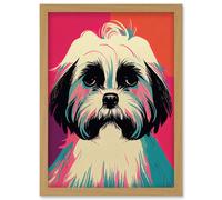 Artery8 Modern Cute Shih Tzu Dog Vibrant Bright Portrait in Pink Blue Orange Cream Artwork Framed Wall Art Print A4 in Light Oak Artery8 Light Oak