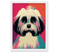 Artery8 Modern Cute Shih Tzu Dog Vibrant Bright Portrait in Pink Blue Orange Cream Artwork Framed Wall Art Print A4 in White Artery8 White