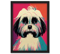 Artery8 Modern Cute Shih Tzu Dog Vibrant Bright Portrait in Pink Blue Orange Cream Artwork Framed Wall Art Print A4 in Black Artery8 Black