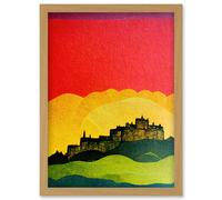 Modern Edinburgh Castle Vibrant Rainbow Colour Sunset Scottish Cityscape Coral Yellow Green Blue Artwork Framed Wall Art Print A4 Artery8 Light Oak One Size