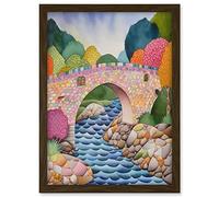 Artery8 Modern Folk Art Countryside Bridge Artwork Framed A3 Wall Art Print