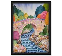 Artery8 Modern Folk Art Countryside Bridge Artwork Framed A3 Wall Art Print