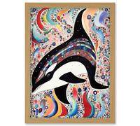Artery8 Modern Folk Art Pattern Orca Whale Artwork Framed Wall Art Print A4 in Light Oak Artery8 Light Oak
