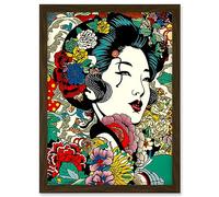 Artery8 Modern Geisha Portrait Flower Patterns Bright Floral Japan Japanese Sage Green Artwork Framed Wall Art Print A4