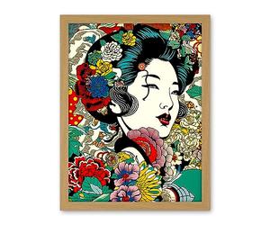 Artery8 Modern Geisha Portrait Flower Patterns Bright Floral Japan Japanese Sage Green Artwork Framed Wall Art Print 18X24 Inch