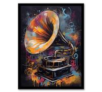 Artery8 Modern Gramophone Vibrant Painting In Gold Blue Pink Vintage Music Player Artwork Framed Wall Art Print A4