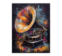 Artery8 Modern Gramophone Vibrant Painting In Gold Blue Pink Vintage Music Player Large Wall Art Poster Print Thick Paper 18X24 Inch