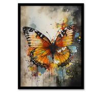 Modern Ink Monarch Butterfly Watercolour Splatter Drip Art Print Framed Poster Wall Decor 12x16 inch Artery8 Black W12 inch x H16 inch