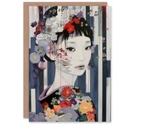 Artery8 Modern Japanese Woman Portrait in Delicate Floral Greeting Birthday Card Him Her All Blank