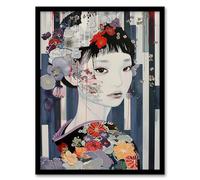 Artery8 Modern Japanese Woman Portrait in Delicate Floral Living Room Artwork Framed Wall Art Print A4