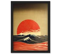 Artery8 Modern Kanagawa Waves Red Sunset Linocut Artwork Framed Wall Art Print A4 in Black Artery8 Black