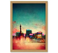 Artery8 Modern Las Vegas Skyline Colourful Acrylic Cityscape Artwork Framed Wall Art Print A4 in Light Oak Artery8 Light Oak