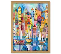 Artery8 Modern Marina Colourful Cityscape Pattern Folk Art Watercolour Painting Artwork Framed A3 Wall Art Print