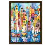 Artery8 Modern Marina Colourful Cityscape Pattern Folk Art Watercolour Painting Artwork Framed A3 Wall Art Print