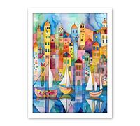 Artery8 Modern Marina Colourful Cityscape Pattern Folk Art Watercolour Painting Artwork Framed Wall Art Print 18X24 Inch