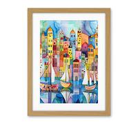 Artery8 Modern Marina Colourful Cityscape Pattern Folk Art Watercolour Painting Artwork Framed Wall Art Print 18X24 Inch