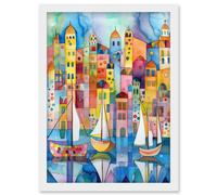 Artery8 Modern Marina Colourful Cityscape Pattern Folk Art Watercolour Painting Artwork Framed Wall Art Print A4