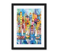 Artery8 Modern Marina Colourful Cityscape Pattern Folk Art Watercolour Painting Artwork Framed Wall Art Print 18X24 Inch