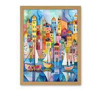 Artery8 Modern Marina Colourful Cityscape Pattern Folk Art Watercolour Painting Artwork Framed Wall Art Print 18X24 Inch