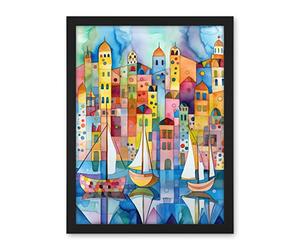 Artery8 Modern Marina Colourful Cityscape Pattern Folk Art Watercolour Painting Artwork Framed Wall Art Print 18X24 Inch
