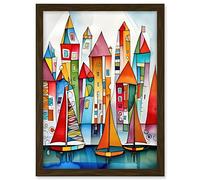 Artery8 Modern Marina Colourful Port Folk Art Watercolour Painting Artwork Framed A3 Wall Art Print