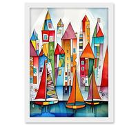 Artery8 Modern Marina Colourful Port Folk Art Watercolour Painting Artwork Framed A3 Wall Art Print