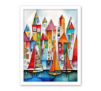 Artery8 Modern Marina Colourful Port Folk Art Watercolour Painting Artwork Framed Wall Art Print 18X24 Inch