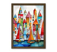 Artery8 Modern Marina Colourful Port Folk Art Watercolour Painting Artwork Framed Wall Art Print 18X24 Inch