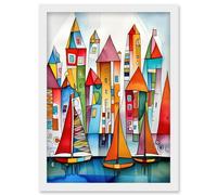 Artery8 Modern Marina Colourful Port Folk Art Watercolour Painting Artwork Framed Wall Art Print A4 in White Artery8 White