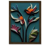 Artery8 Modern Paper Quilling Bird on Exotic Flower Plant Leaves Blue Orange Teal Artwork Framed Wall Art Print A4 in Brown Artery8 Brown