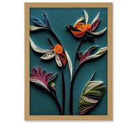 Artery8 Modern Paper Quilling Bird on Exotic Flower Plant Leaves Blue Orange Teal Artwork Framed Wall Art Print A4 in Light Oak Artery8 Light Oak