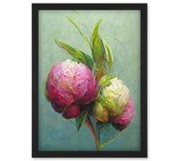 Artery8 Modern Pink & White Peony Flowers In Teal Artwork Framed Wall Art Print A4 in Black Artery8 Black