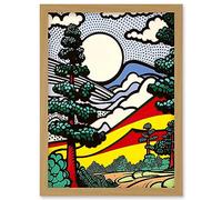 Artery8 Modern Pop Art Forest Mountain Landscape Bright Colourful Comic Book Style Halftone Artwork Framed Wall Art Print A4