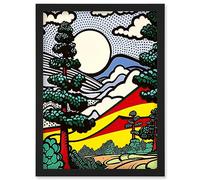 Artery8 Modern Pop Art Forest Mountain Landscape Bright Colourful Comic Book Style Halftone Artwork Framed Wall Art Print A4