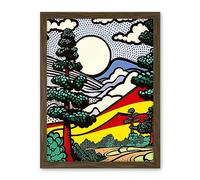 Artery8 Modern Pop Art Forest Mountain Landscape Bright Colourful Comic Book Style Halftone Artwork Framed Wall Art Print 18X24 Inch
