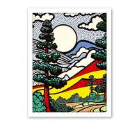 Artery8 Modern Pop Art Forest Mountain Landscape Bright Colourful Comic Book Style Halftone Artwork Framed Wall Art Print 18X24 Inch